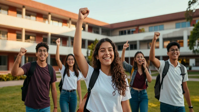 Estudiantes celebrando éxito en campus mexicano