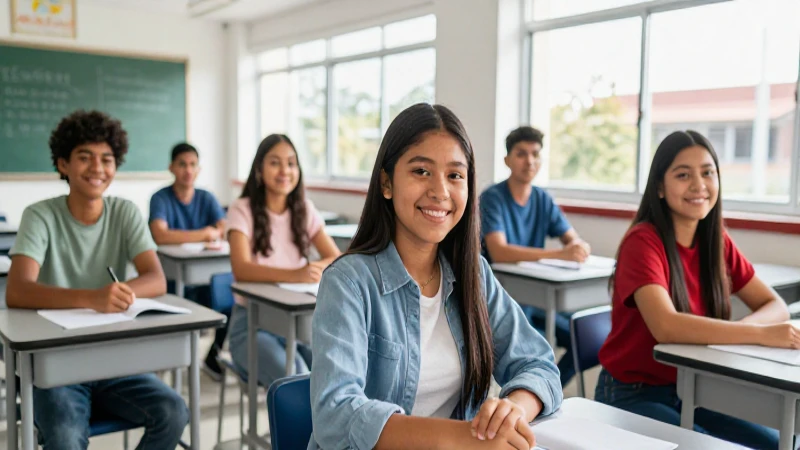 Estudiantes mexicanos sonríen bajo luz moderna y vibrante