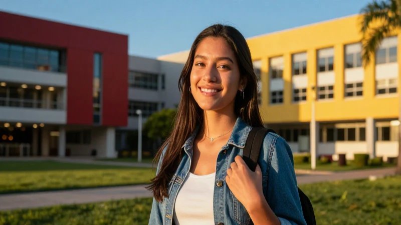 Joven mexicana sonríe en campus universitario vibrante