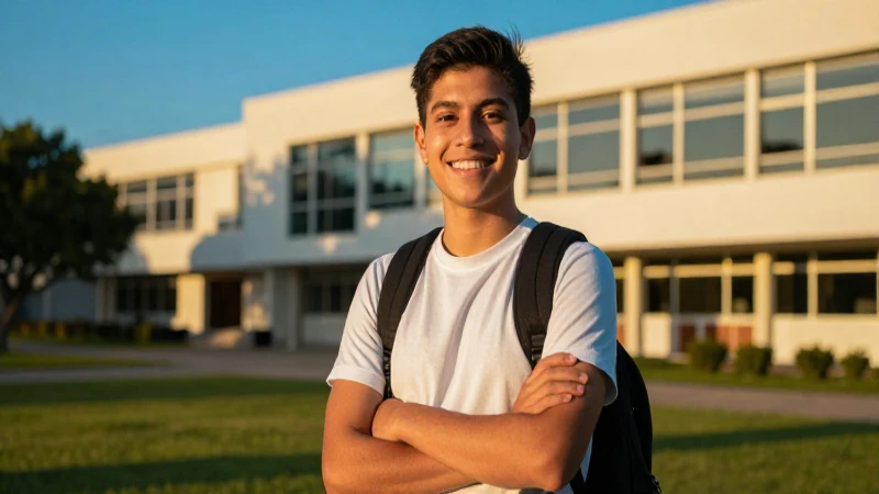 Joven estudiante sonríe bajo luz dorada universitaria