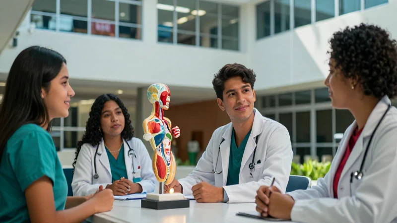 Estudiantes de medicina mexicanos en un campus moderno