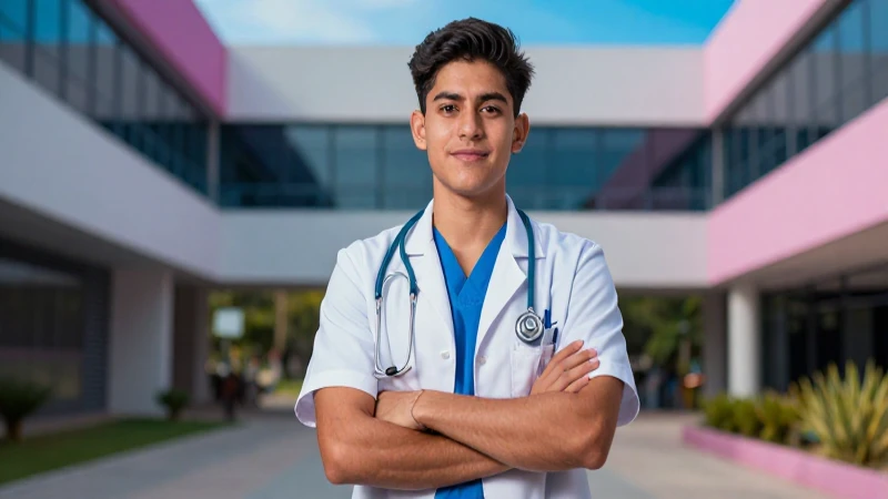 Estudiante médico mexicano en entorno universitario profesional