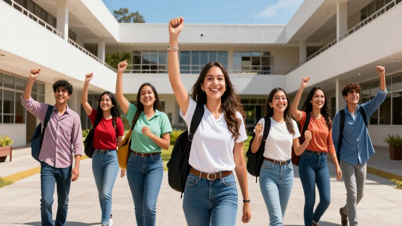 Estudiantes mexicanos celebrando éxito en campus moderno