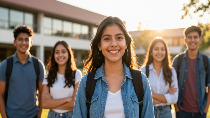 Estudiante mexicano sonríe en campus moderno y luminoso