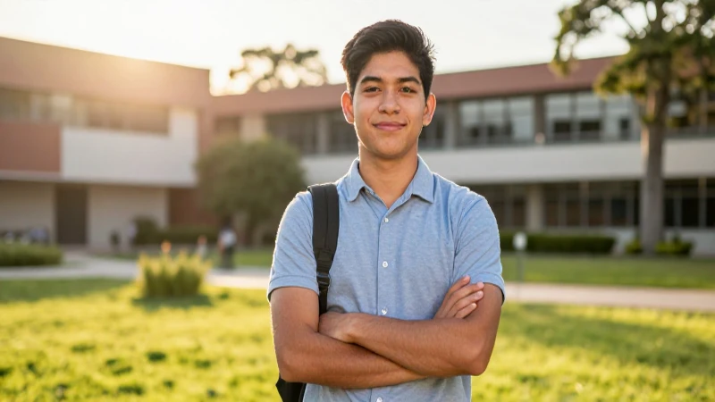 Estudiante mexicano sonríe en campus soleado