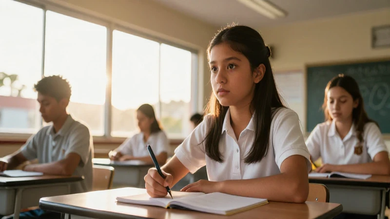 Joven mexicano estudia con luz dorada en aula moderna