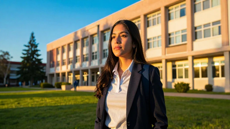 Estudiante mexicano en campus moderno al atardecer