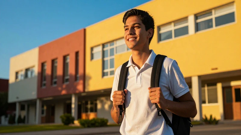 Estudiante mexicano sonríe en campus universitario dinámico