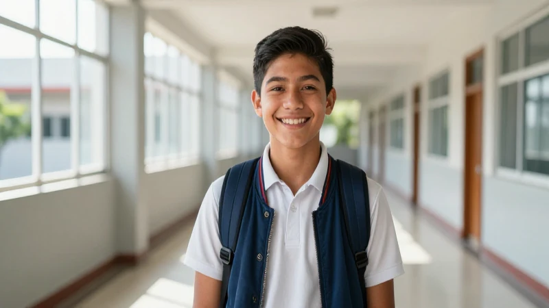 Estudiante mexicano sonriente en moderno campus