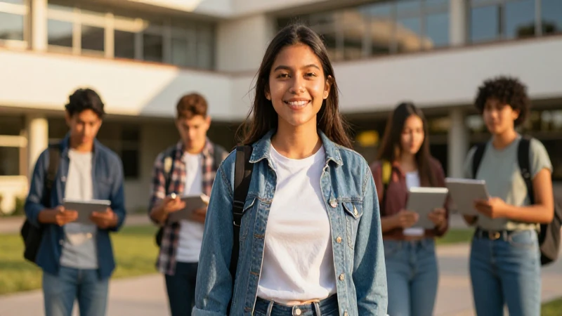 Estudiante mexicano exitoso en campus moderno