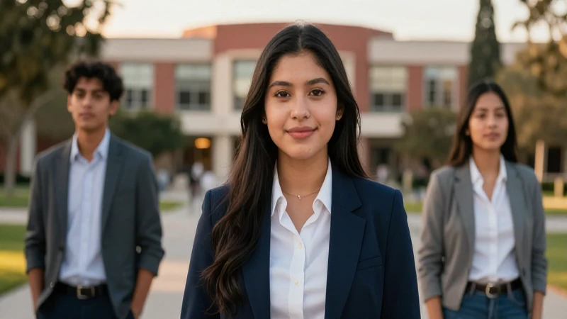 Estudiante mexicano en campus vibrante bajo luz dorada