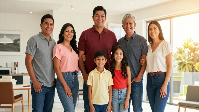 Familia mexicana alegre en casa moderna
