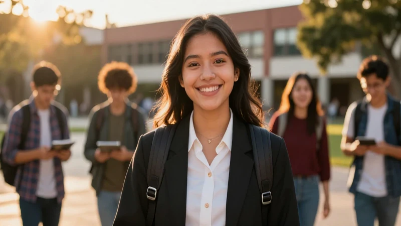 Estudiante mexicano alegre en campus moderno y dorado