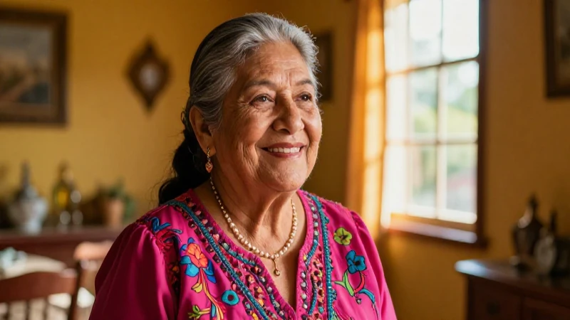 Mujer mexicana sonriente en cálido hogar