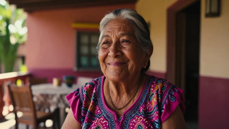 Abuelita mexicana sonríe en patio soleado vibrante