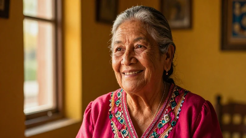 Retrato sonriente de anciana mexicana bajo luz dorada