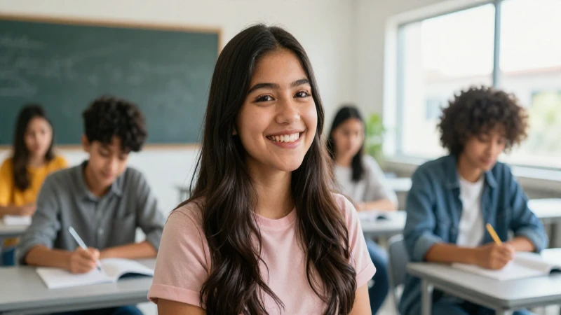 Estudiante mexicano sonriendo en aula moderna