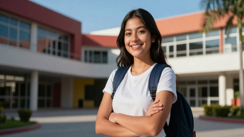 Estudiante mexicana vibrante en campus moderno