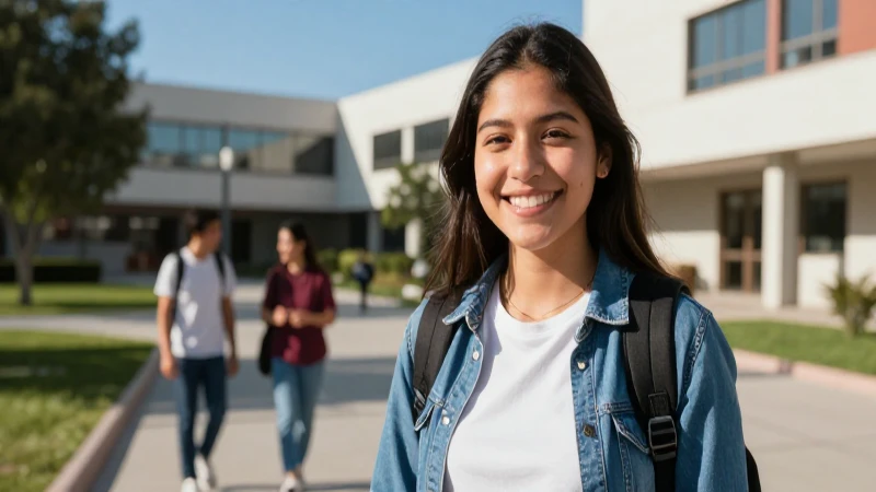 Estudiante mexicano sonriente en campus moderno