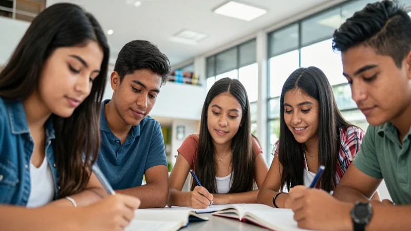 Estudiantes mexicanos felices estudian en campus moderno
