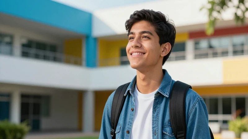 Estudiante mexicano esperanzado en campus moderno