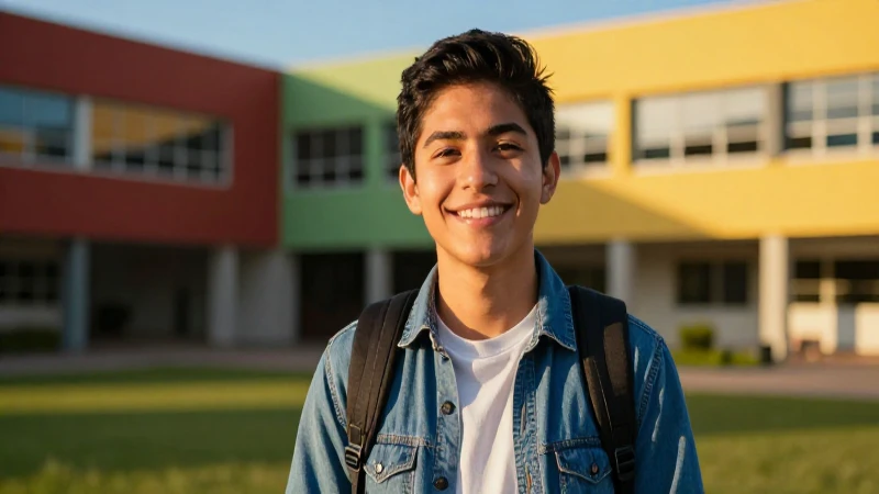 Estudiante mexicano sonríe en vibrante campus universitario