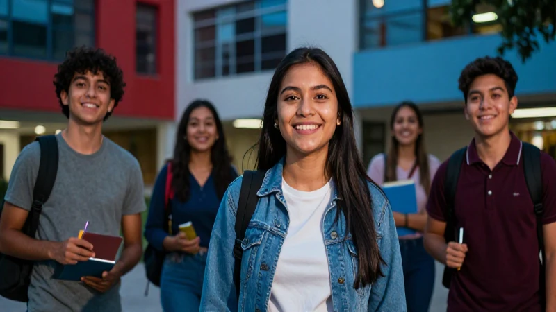Estudiante mexicano sonriente en un campus vibrante