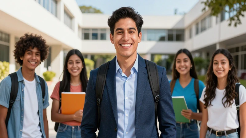 Joven mexicano profesional en campus universitario vibrante