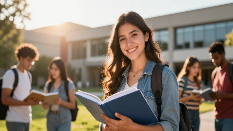 Estudiante mexicana sonriente en campus moderno