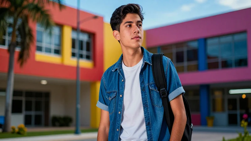 Joven mexicano confiado en campus vibrante