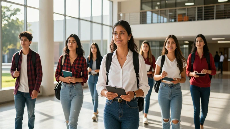Estudiantes universitarios en campus moderno bajo luz intensa