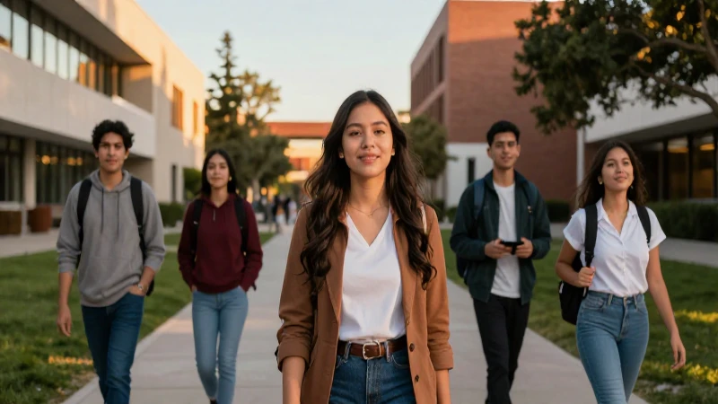 Estudiante mexicano en campus moderno con luz dorada