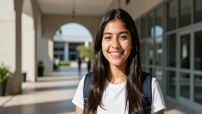 Estudiante mexicano sonríendo en campus universitario moderno