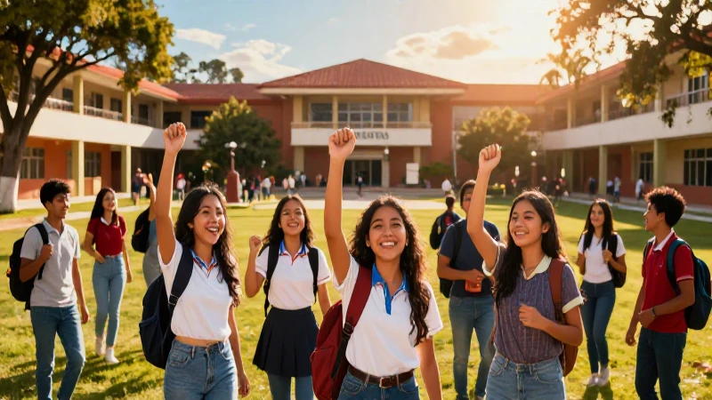 Estudiantes celebrando éxito en campus mexicano vibrante
