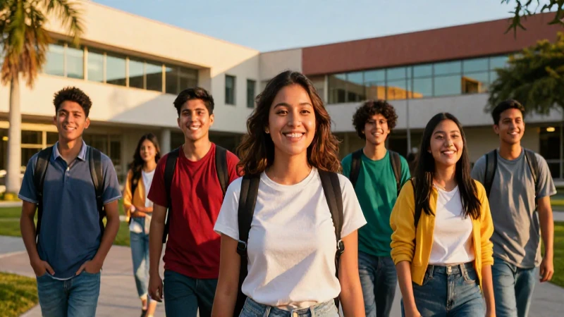 Estudiantes mexicanos felices en campus moderno y dorado