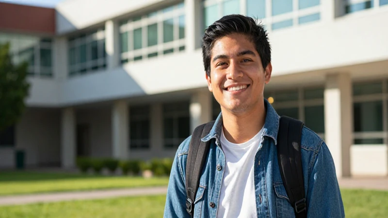 Estudiante mexicano sonríe en moderno campus universitario