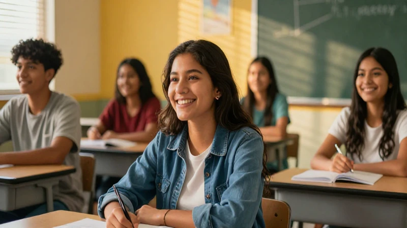 Estudiantes mexicanos sonriendo en un entorno educativo brillante