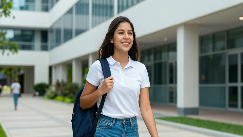 Joven mexicano sonriente en campus moderno