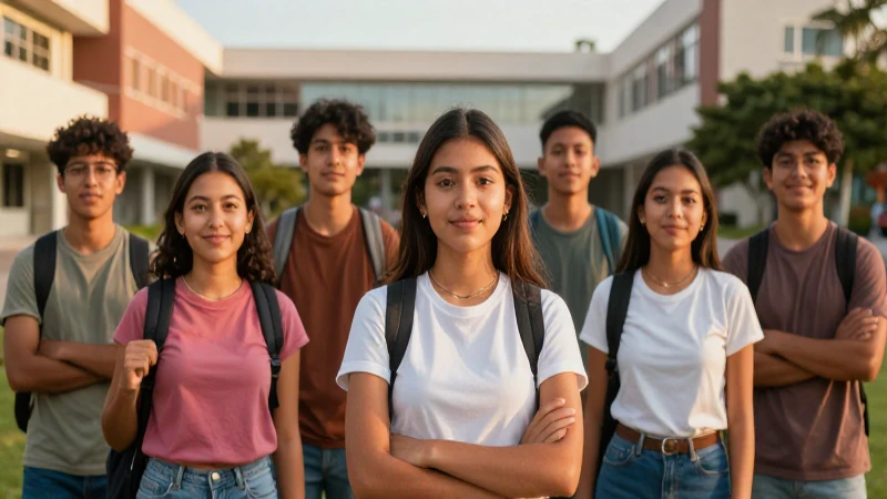 Jóvenes mexicanos ambiciosos en campus universitario dorado