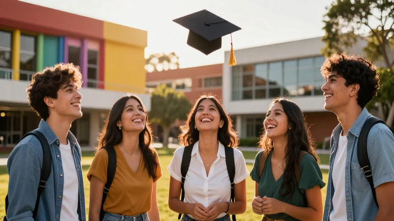 Estudiantes mexicanos sonriendo en campus dinámico al atardecer