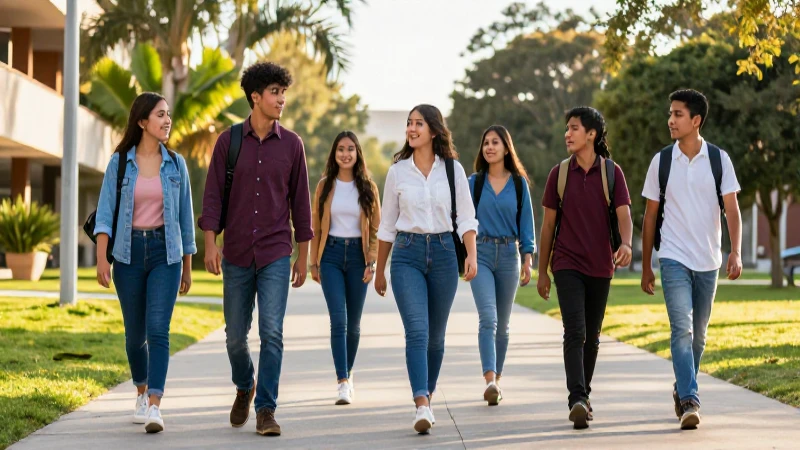 Estudiantes mexicanos en un campus dorado y vibrante