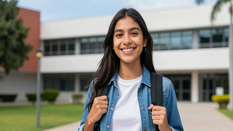 Estudiante mexicana sonriente en campus moderno