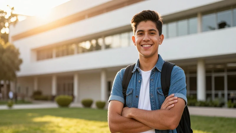 Estudiante mexicana sonriente en campus moderno