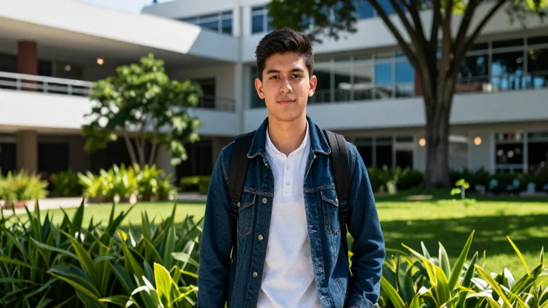 Estudiante universitario mexicano moderno en campus vibrante