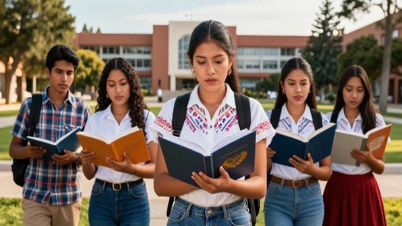 Estudiante mexicano en campus vibrante al atardecer