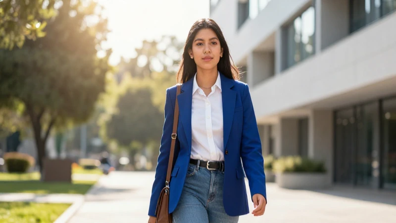 Joven mexicana vibrante camina por campus moderno