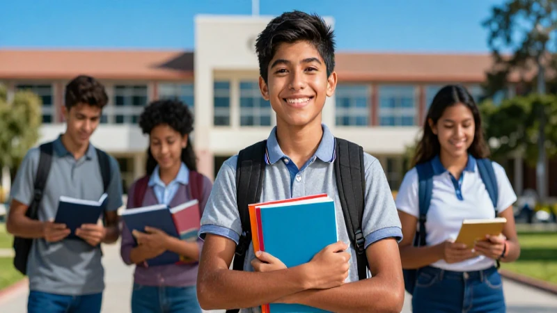 Estudiante mexicano sonríe con libros en campus vibrante