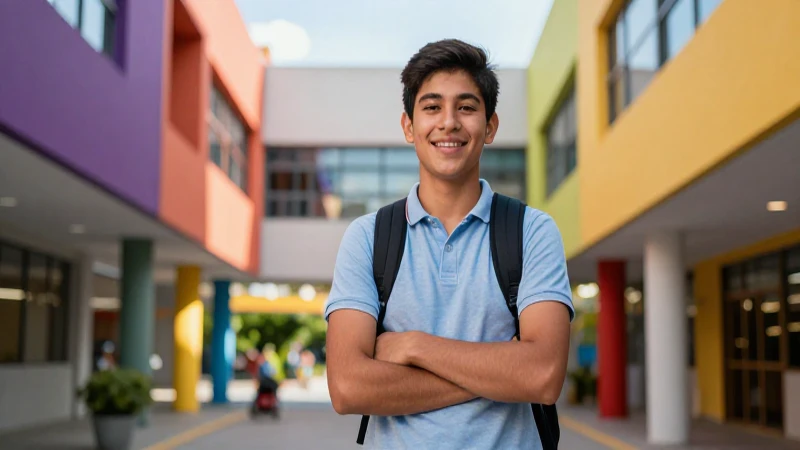 Estudiante mexicano optimista en campus moderno