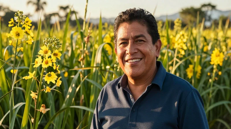 Adulto mexicano optimista rodeado de cosechas doradas