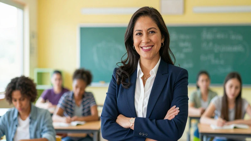 Profesora mexicana sonriente en aula moderna y dinámica